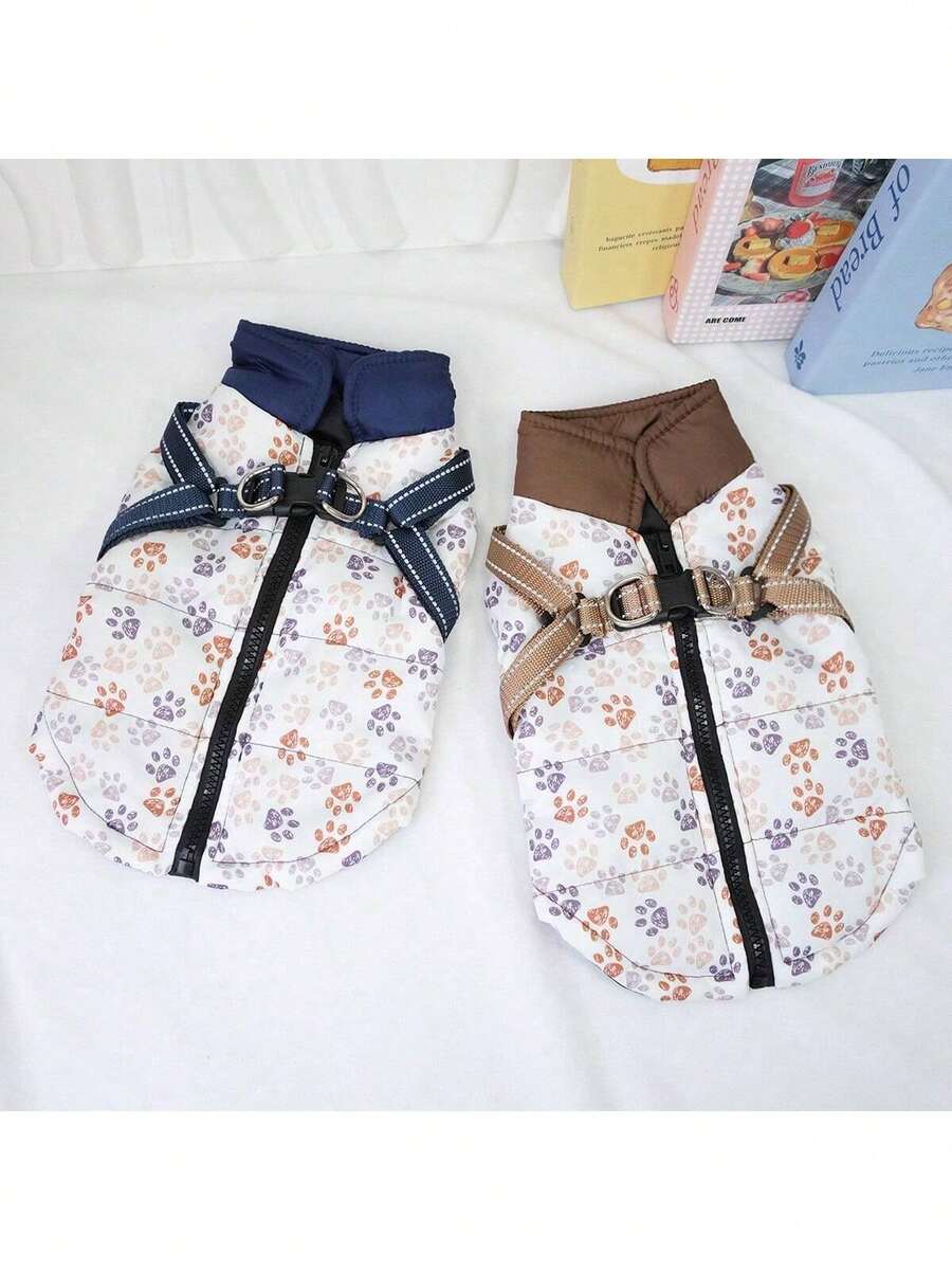 Áo khoác phản quang bằng cotton dày dặn, có lớp đệm, họa tiết dấu chân, ấm áp, có thể gắn dây xích, phù hợp cho chó và mèo cỡ vừa/nhỏ, mùa thu/đông. - Cà phê nâu - Xem 1
