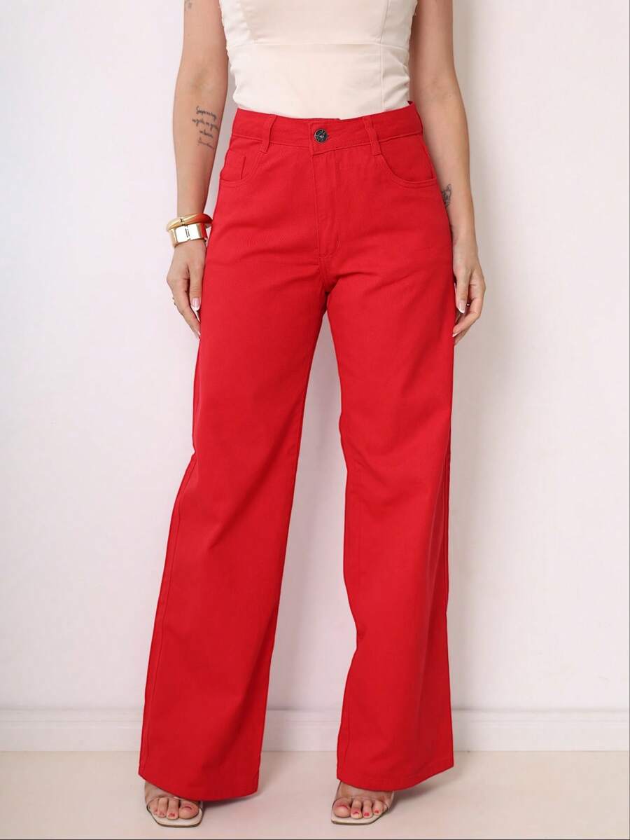 Wide Leg Jeans For Women, High Waist, Thick Fabric, Good Quality - Đỏ - Xem 1