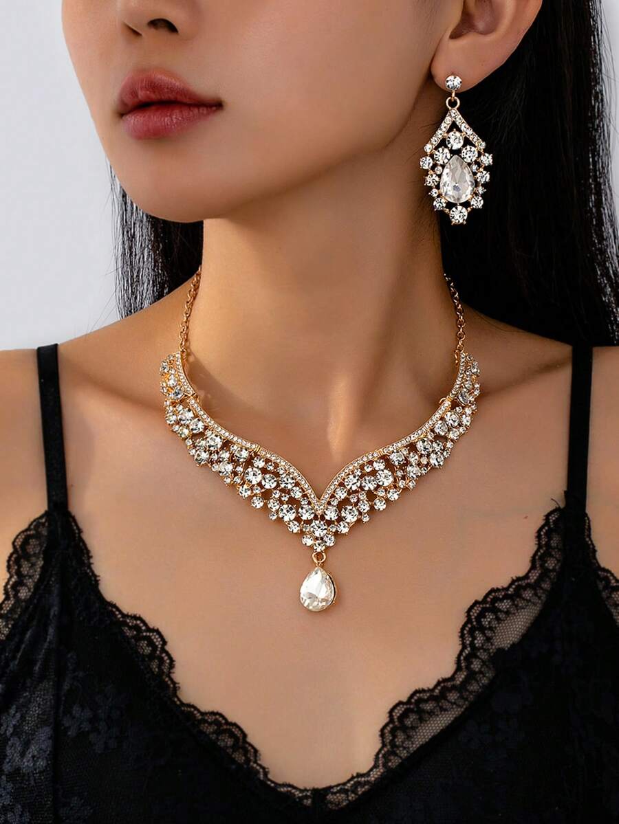 3pcs/Set Elegant Mature Graceful V-Shaped Full Rhinestone Pendant Necklace & Earrings Set, Suitable For Women To Wear To Parties And Gatherings - White - View 1