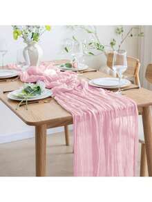 1pc 90*180/300/400cm Olive Green Bali Gauze Table Runner, Crinkle Texture Table Runner, Farmhouse Wedding Decor, Suitable For Christmas, Party, Wedding, Home Decoration, Dining Table Center Piece - Solid Color - View 5