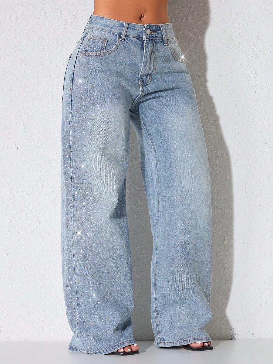 低腰阔腿休闲黑色牛仔裤，带斜插口袋和装饰串珠 - 淺藍色 - 查看 1