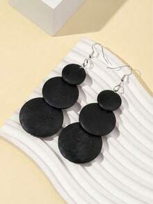 1 Pair 3-Piece Round Wooden Tassel Dangle Earrings For Women - Black 1 - View 3
