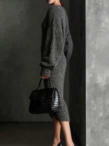 Plus Size Women's Elegant Black Solid Color Cheongsam Dress, V-Neck Slit Casual Knit Sweater Dress For Daily, Party, Date, Spring & Autumn