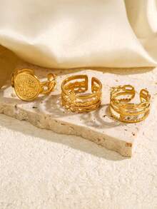 Set de 3 inele elegante din oțel inoxidabil placate cu aur de 18K, cu model geometric, cerc, stea, lună și frunză, inspirate de monede vintage, potrivite pentru femei, pentru zi de zi, petreceri, sărbători, cadouri, cumpărături, întâlniri, set de inele de lux