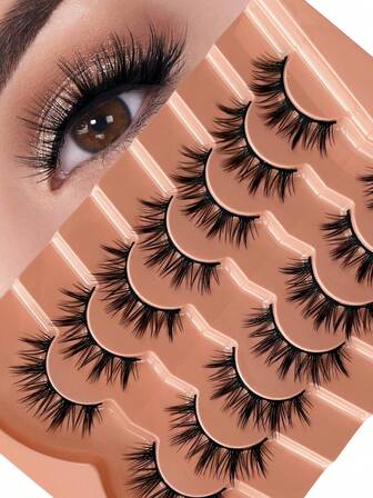 Hinarin 7对假睫毛，自然妆效，长条状，交叉尖头，3D仿貂毛，可重复使用，蓬松尖头，黑色睫毛带，适合派对和日常妆容。