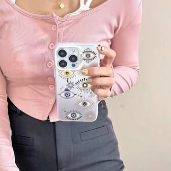 1 pieza Funda de teléfono con diseño de estrella y luna para el ojo, compatible con iPhone 17/17 Pro/17 Pro Max/Air/16/15/14/13/12/11 Pro MAX, S25/S25 FE/S25 Edge, Redmi, OPPO, Realme, Infinix Series, con marco de lente de metal de color plateado, diseño de borde escalonado y botones de metal independientes