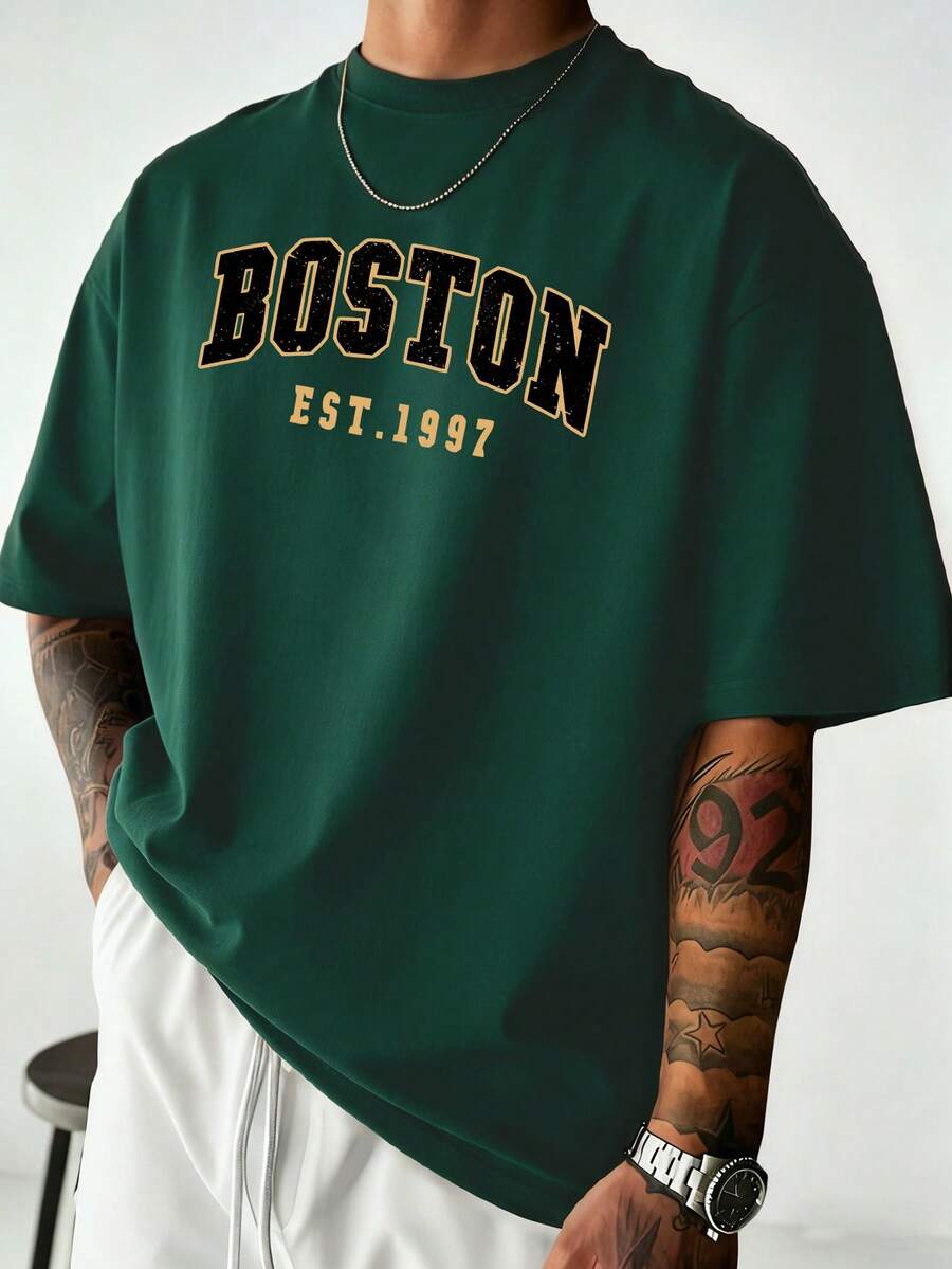 Camiseta de manga corta de cuello redondo con estampado de letra Boston para hombre de verano - Verde Oscuro - Ver 1