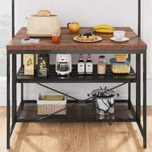 Isla de cocina con almacenamiento, mesa de isla de 42 pulgadas para cocina con asientos, estante de horno de microondas, estante de almacenamiento de 3 niveles para comedor, sala de estar - Marrón - Ver 6