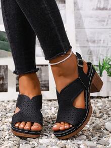 夏季新款时尚休闲镂空透气女士法式高跟凉鞋 - 黑色 - 查看 5