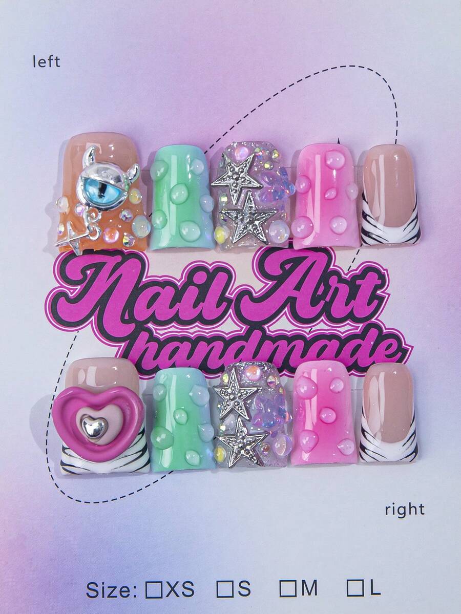 10片/套 手工鸭嘴美甲贴片，Y2K 酷炫风格，裸色和红色法式边，绿色花卉图案，闪粉美甲，适合派对、婚礼、日常佩戴，包含美甲工具，是送给女性和女孩的绝佳礼物。 - 彩色 - 查看 1