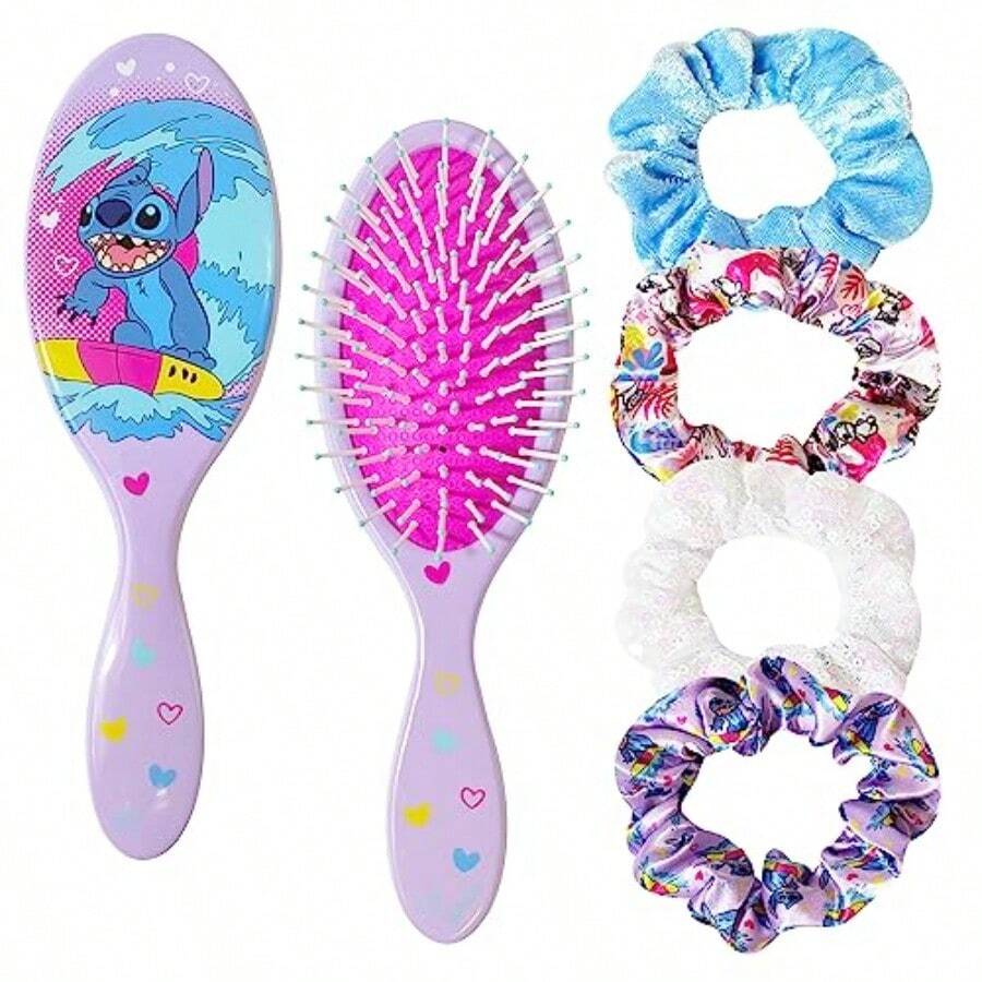 SLAW LUV HER Lilo And Stitch Hair Accessory 5 Pcs Set - 1 Regular 9 Inch Stitch Hairbrush And 4 Scrunchies - Detangling Brush - Elastic Hair Ties Ropes For Girls Ages 3+ - Stitch 5件組髮飾 - 查看 1