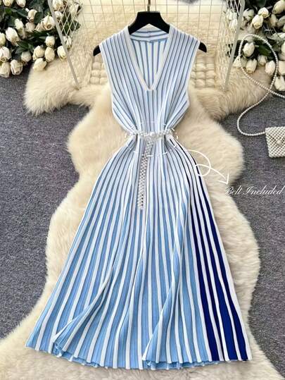女士优雅休闲针织连衣裙，时尚办公室通勤装，针织吊带连衣裙，条纹V领修身褶皱中长连衣裙，修身显瘦针织连衣裙，女士街头风服装，适合正式晚宴、派对、约会、婚礼、生日等场合
