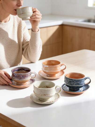 1套/2套手工陶瓷咖啡杯碟套装（2件） - 手工陶瓷茶/拿铁杯（多种釉面可选），可放入洗碗机清洗，用途广泛，适用于咖啡、茶、拿铁、北欧下午茶和早餐 - 开学季