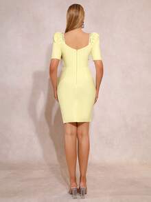 新款奢华手工水钻装饰绷带连衣裙，方领羊腿袖设计，高腰镂空修身荷叶边下摆绷带迷你连衣裙，女士派对婚礼鸡尾酒礼服 - 黃色 - 查看 9