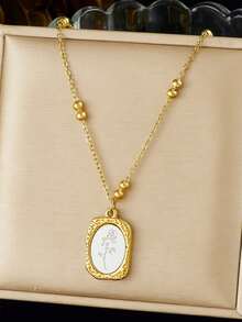 1件复古法式不对称几何雕刻吊坠项链，配镀金链 - 白色 - 查看 1