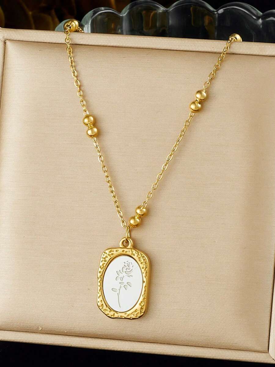 1件复古法式不对称几何雕刻吊坠项链，配镀金链 - 白色 - 查看 1