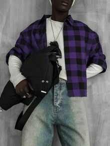 WAIT HIM Camisa casual de manga corta con estampado de cuadros para hombres - Morado - Ver 4