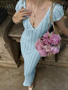 女士休闲优雅百搭纯色V领蕾丝边镂空细节针织套头衫，修身腰身，荷叶边袖口，宽松长款，度假必备上衣，春夏海滩风情 - 淺藍色 - 查看 6
