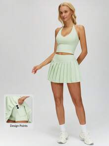 MASKERT Women's High Waist Pleated Sports Mini Skirt, Built-In Anti-Exposure Shorts, Side Button Pockets, Suitable For Tennis And Fitness - Mint Green - View 1