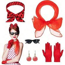 4 sztuki - kostium cosplay na imprezę retro z lat 50., okulary w kocie oczy, opaski na głowę w groszki, kolczyki, kolczyki sztyfty, zestawy akcesoriów, opaski na głowę w groszki z lat 50. - najlepiej sprzedające się opaski na głowę na karnawałową imprezę w groszki, szale jedwabne, okulary, kolczyki sztyfty, kostiumy do odgrywania ról, zestawy balowe, Europa i Ameryka