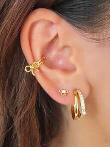 3 Stück Modische minimalistische Schleife Kubikzirkonia funkelnde Ohrstecker Set für Frauen, Hypoallergen, kleines Creolen Design, leicht & mini, vielseitig, geeignet für mehrfache Ohrpiercings - Goldgelb - Übersicht 11