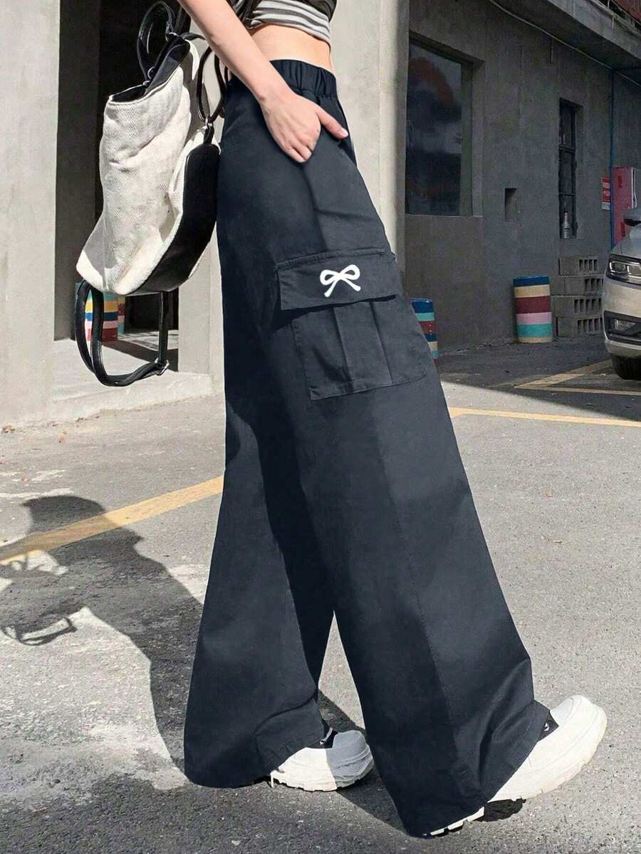 1件少女休闲蝴蝶印花宽松工装裤，带大口袋，舒适百搭 - 灰色 - 查看 1