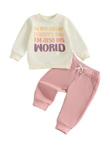 2pcs Baby/Toddler Girls Casual Crew Neck Long Sleeve Letter Print Sweatshirt And Drawstring Pocket Pants Set, Autumn/Winter - Apricot - View 6