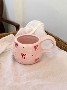 1pc Hand-Painted Polka Dot Bow Ceramic Cup & Saucer Set, French Countryside Style Pink Bow Ceramic Coffee Cup & Saucer, Romantic Girly Aesthetic Mug, Suitable For Daily Afternoon Tea, Gathering With Friends - Multicolor - View 3