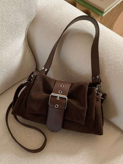 Winter New Retro All-Match Belt Buckle Soft Waxy Portable Shoulder Underarm Bag Women's Japanese And Korean Style Fashionable Fa