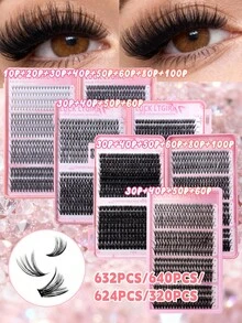 640/632/624/320片装簇状假睫毛，浓密卷翘睫毛套装，D型卷翘，10-16毫米混合长度，DIY睫毛嫁接套装，DIY下睫毛嫁接教程，蓬松柔软的单根假睫毛，打造浓密自然的纤长睫毛，睫毛簇，单根假睫毛，睫毛，假睫毛 - 彩色 - 查看 1