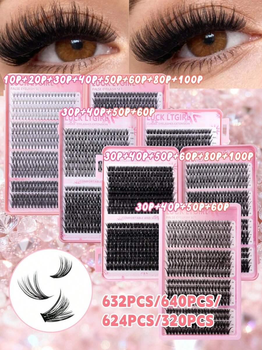 640/632/624/320片装簇状假睫毛，浓密卷翘睫毛套装，D型卷翘，10-16毫米混合长度，DIY睫毛嫁接套装，DIY下睫毛嫁接教程，蓬松柔软的单根假睫毛，打造浓密自然的纤长睫毛，睫毛簇，单根假睫毛，睫毛，假睫毛 - 彩色 - 查看 1