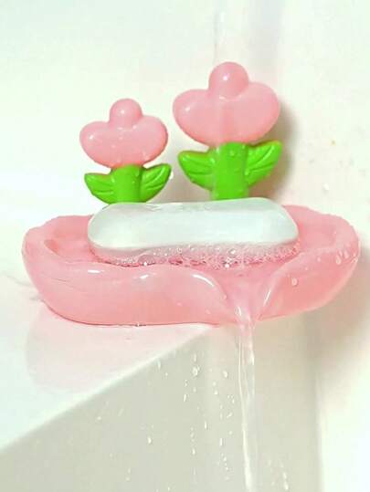 1个花卉图案自沥水皂碟，创意花朵设计免打孔塑料支架，ins风沥水托盘，卫生耐用浴室洗手盆配件，高颜值家居节日装饰