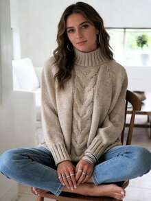 Suéter de punto para mujer con mangas de murciélago sueltas Jersey oversize de manga murciélago holgada Otoño/Invierno Novedad Jersey de punto para mujer Mangas murciélago de punto trenzado con cuello alto Dobladillo asimétrico Cálido y holgado Jersey oversize informal - Caqui - Ver 5