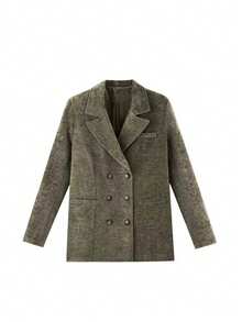 Women's Solid Color Knit Fabric Front Button Double-Breasted Plush Oversized Retro Velvet Blazer, Suitable For Daily Wear And Travel, Autumn/Winter - Dark Green - View 7