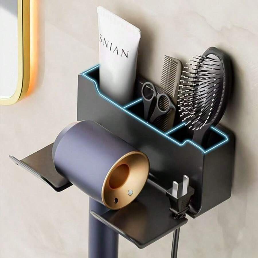 No Drill Hair Dryer Holder, Bathroom Hanging Rack, Toilet Hair Dryer Stand, Wall Mounted Household - Black - View 1