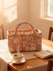 1pc Vintage Floral Print Quilted Diaper Caddy, Toy Storage Basket, Embroidered Diaper Organizer For Newborns, Toys And Supplies - Multicolor - View 2