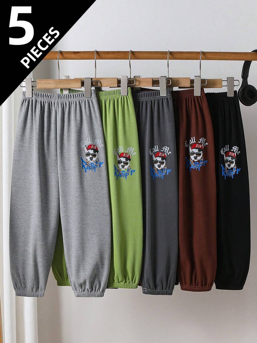 5条装男童印花休闲裤，儿童松紧腰长裤，适合4-12岁男孩女孩，春夏秋季均可穿着。 - 彩色 - 查看 1