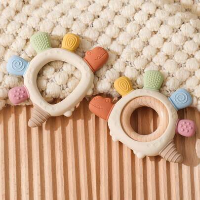 Cute Cartoon Silicone & Wooden Combination Teether, Macaron Colors Multi-Texture Dinosaur Shape, Baby Home & Outdoor Soothing Chew Toy, Grip Training Sensory Stimulation, Newborn Birthday Gift
