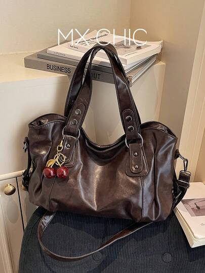 1pc Vintage Large Capacity Handbag, Vintage PU Shoulder Messenger Bag, Women Casual Tote Bag And Wallet