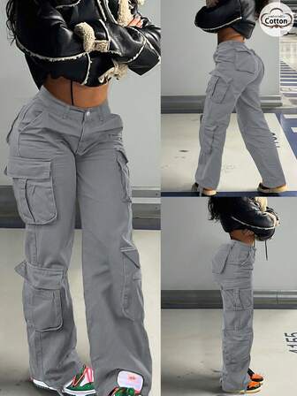 GILIPUR Nuevos pantalones cargo grises para mujer, pantalones casuales sueltos con múltiples bolsillos elásticos, estilo de moda callejera Y2K, adecuados para otoño/invierno, chic retro, ideales para salidas en vacaciones como Año Nuevo, San Valentín, Año Nuevo Chino, aptos para todas las estaciones