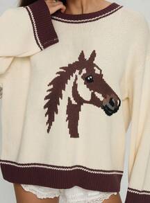 Women Y2K Graphic Oversized Sweater Horse Print Crew Neck Long Sleeve Knit Pullover Top  Loose Fit Streetwear - Màu Khaki - Xem 7