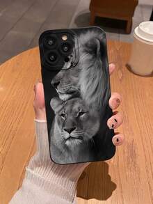 Fierce Animals 1pc Black & White Lion Theme 2D Printed Fashionable Personalized Soft Phone Case, Suitable As Gift For Girlfriend, Best Friend, Wife, Couples, Aunt, Boss, Sister, Couple, Classmate, Teacher, Birthday, Holiday - Compatible With IPhone And Models - Black - View 4