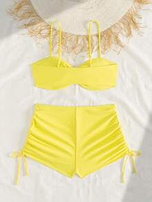 New Arrival Spring/Summer High-End Fashion Yellow Solid Color Travel Holiday Party Swimsuit 2 Pieces Set, Vacation Beach - Yellow - View 2