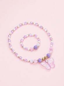 2pcs Girls Sweet Crystal Butterfly Pendant Necklace & Charming Beaded Bracelet Jewelry Set, Suitable For Daily Wear, Birthday Party, Gift For Kids - Multicolor - View 10
