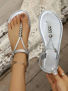 Sandalias planas hechas a mano con diseño elástico cómodo y estilo romano para mujer, de moda casual y versátil, para el verano - Plateado - Ver 2