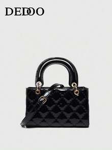 1pc PU Leather Handbag, Burgundy, Multi-Function Quilted Patent Leather Tote Bag, Structured Mini Wallet, Fashion Geometric Pattern Shoulder Crossbody Bag - Black - View 2