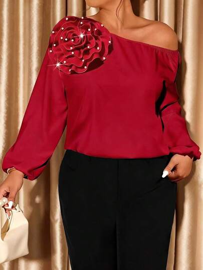 Plus Size Elegant Off-Shoulder Red Long Sleeve Top, Decorated With Pearl Flowers, Regular Fit, Non-Stretch Fabric
