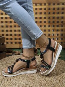 1 par de sandalias bohemias con cuentas para mujer, sandalias de cuña para vacaciones en la playa para mujer - Negro - Ver 2