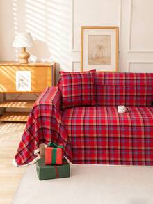 1件复古美式格子多功能防滑沙发套毯，带流苏