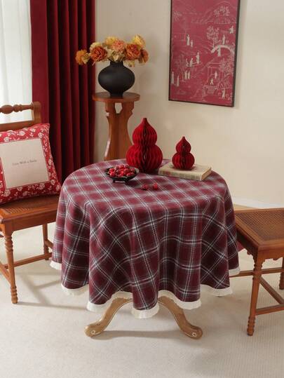 1pc Thickened American Style Maroon Plaid Christmas Tablecloth, Classic Tassel Design, Scottish Tartan, Suitable For Holiday Gatherings, Christmas Parties, Outdoor BBQs, Weddings, Kitchen & Dining Table Decor